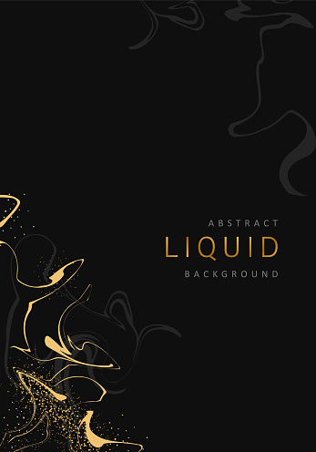 Gold and black Liquid backgrounds. Luxury Marble stone texture with glowing golden veins. Futuristic poster with abstract lines. Vector minimalistic illustration.