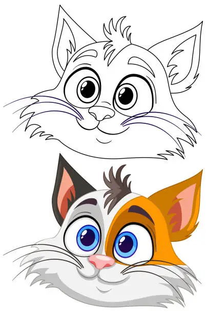 Vector illustration of Two stylized cat faces, one colored, one line art.