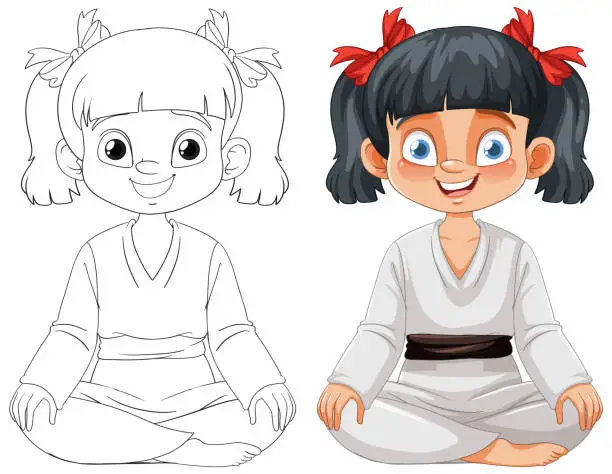 Vector illustration of Colorful and outlined versions of a cartoon karate girl