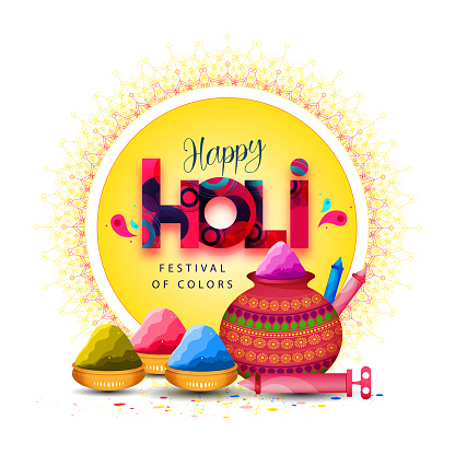 Happy Holi festival poster template with Holi powder color bowls on multicolor background. stock illustration