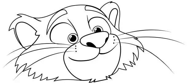 Vector illustration of Black and white line art of a happy cat