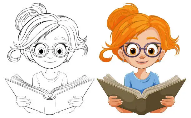 Vector illustration of Colorful and black-and-white images of a girl reading