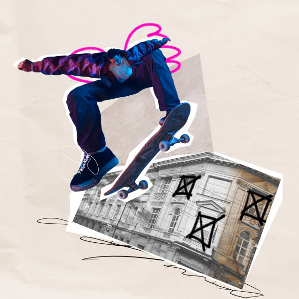 istock Young active boy, skateboarder training, doing stunts over historic building and abstract shapes. Contemporary art collage. 2047400325