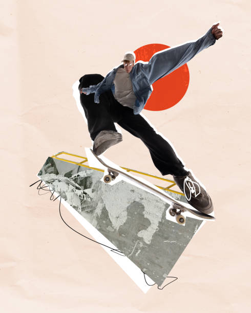 istock Creative image of young guy in street style clothes, skateboard in motion training against abstract background. Contemporary art collage. 2047400331
