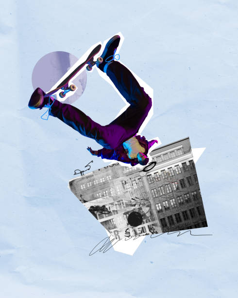 istock Creative image of young guy in street style clothes, skateboard in motion training against monochrome building. Contemporary art collage. 2047400332