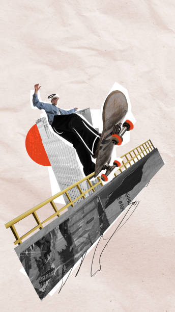 istock Skateboarder in casual clothes performing trick over urban background with abstract elements. Contemporary art collage. 2047400345