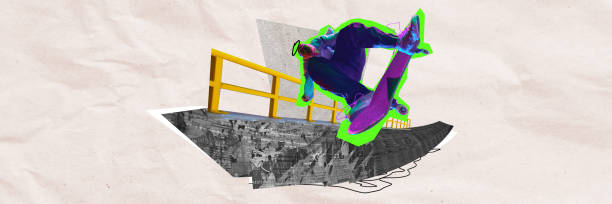 Skateboarder in neon performing trick over an urban background with abstract elements. Contemporary art collage.