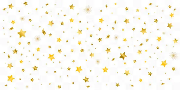 Vector illustration of Glowing luxury confetti and shimmering golden stars. Random gold stars and luxury sparkling confetti with transparent background.