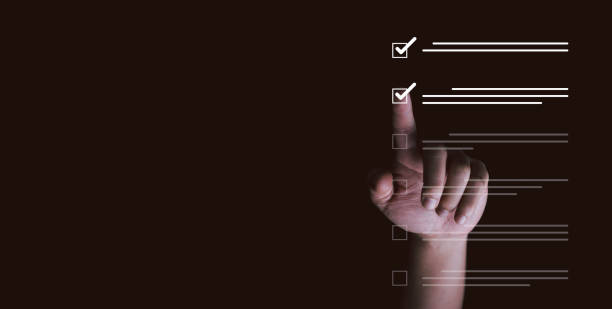 istock Hand touching to tick correct sign mark on virtual checkbox for online document approve and online do checklist concept. 2047403022