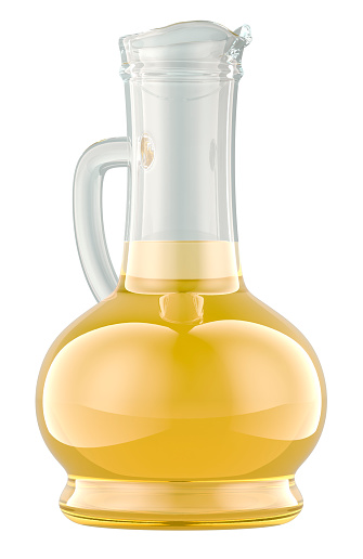 Bottle of cooking oil. Glass bottle of yellow oil. 3D rendering isolated on white background