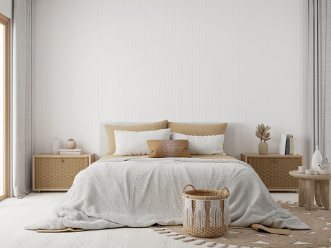 White boho bedroom with wooden and rattan furniture. 3d rendering