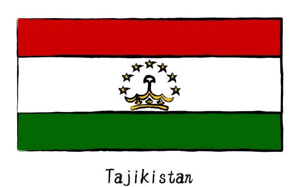 Vector illustration of Flag of the world, Tajikistan, analog hand-drawn style