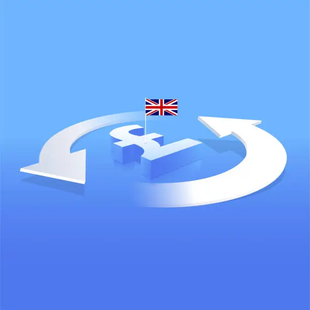 Vector illustration of Two moving arrows around the United Kingdom Pound sign and the UK flag