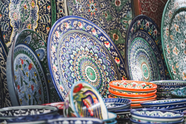 istock Multi-colored ceramic products with oriental ornaments at the Siab Bazaar in the ancient city of Samarkand in Uzbekistan, Siyob bozor 2047446880