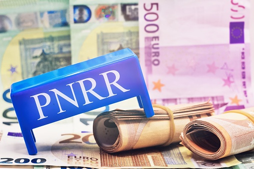 Banknotes with the words 'PNRR' . The National Recovery and Resilience Plan is part of the Next Generation EU Program.