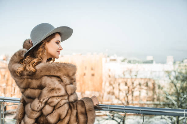retrato de una hermosa mujer morena con abrigo de invierno de piel y sombrero gris - russian culture fashion model hat sensuality fotografías e imágenes de stock