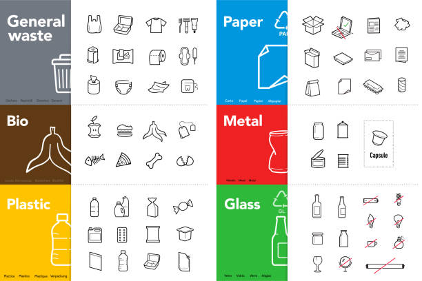illustrazioni stock, clip art, cartoni animati e icone di tendenza di ready sets of icons for separating trash. - spazzatura immagine