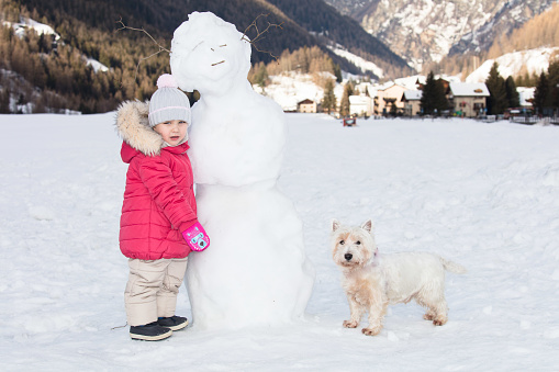 It has  been snowing in the mountains and It is fun to  make a snowman together. The snowman is so huge that dwarfs a little cute  girl and her dog.