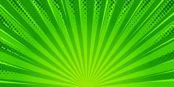 Vector illustration of Starburst cartoon comic background. Pop art pattern with radial rays effect. Vector sun light green wallpaper with halftone. Abstract anime explosion. Vintage manga backdrop