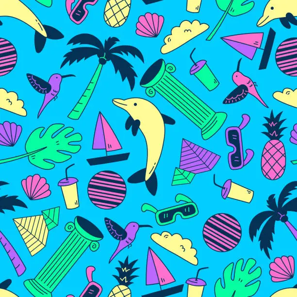 Vector illustration of Colorful travel tourism seamless pattern in doodle style