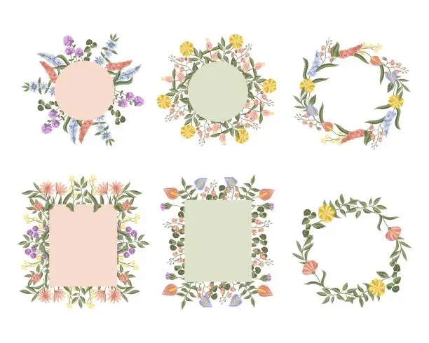 Vector illustration of Floral Frame Collection. Set of cute retro flowers arranged un a shape of the wreath perfect for wedding invitations and birthday cards
