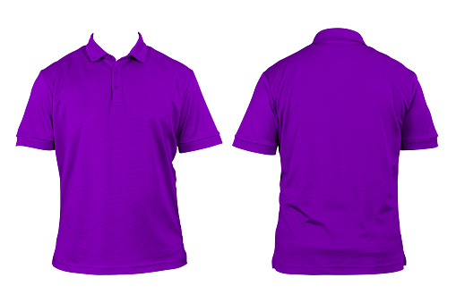 Blank clothing for design. Purple polo shirt, clothing on isolated white background, front and back view, isolated white, plain t-shirt. Mockup. Printable polo shirt design presentation,clipping path.