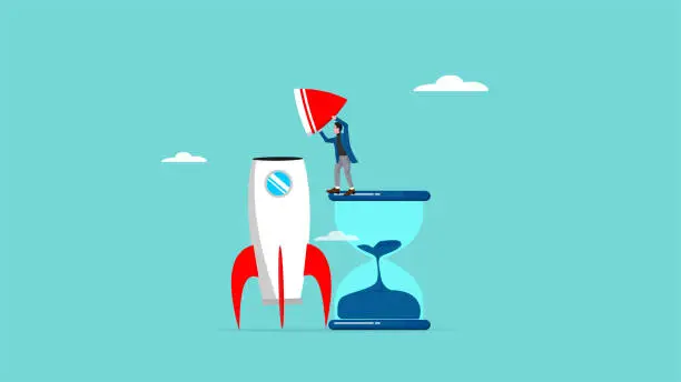 Vector illustration of time to build a business startup, success steps in building a start-up business, journey to success in starting a business, businessman climbs the big hourglass and completes the rocket design