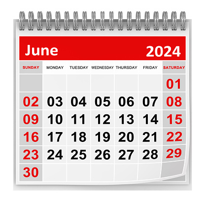 Calendar - June 2024 , This is a 3d rendered computer generated image. Isolated on white.