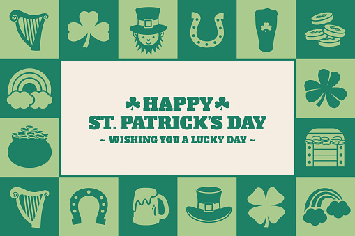 St Patrick's Day greeting card with a frame of related icons and symbols. Horizontal format. Duotone. Craft style.