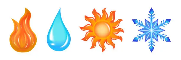 Vector illustration of Hot and cold symbols. Fire, water, sun and snowflake icons. Vector illustration