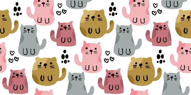 Vector illustration of Cute cats colorful doodle seamless pattern