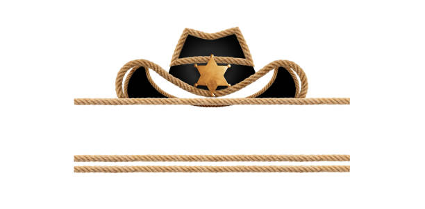 Rope cowboy hat and sheriff star on white background