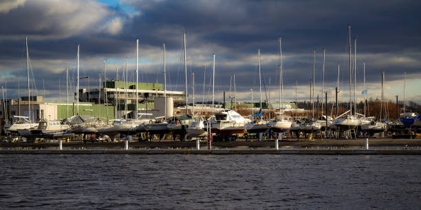 Tallinn Yacht Club during the winter months when the harbor is frozen. The boats are winterized and covered up.