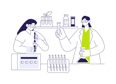 Experimental conditions setting abstract concept vector illustration. Scientists arrange lab instruments and test tubes, preparing for the medical experiment, basic research abstract metaphor.