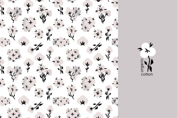 cotton flower seamless pattern. organic flowers. white balls with leaves. decor textile, wrapping paper, wallpaper design. print for fabric. rustic trendy greenery. cartoon flat isolated illustration - cotton flower white background white stock illustrations