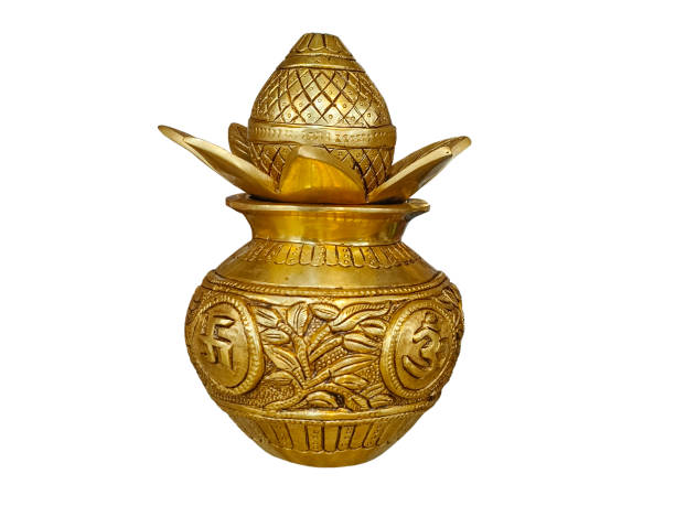 istock Handcrafted Brass Mangal Kalash for Pooja, copy Space. 2047562455