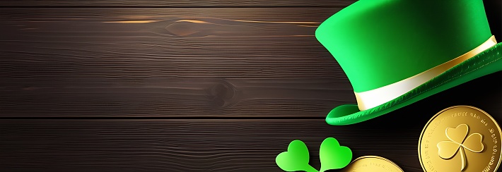 St Patricks Day dark wood banner with copy space. Top view of a leprechaun green hat, gold coins and a shamrock on wooden background