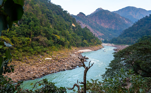 Ganges Majesty: Flowing Sacred River amidst Green Waters & Uttarakhand's Mountainous Splendor in Rishikesh, India