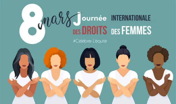 Vector illustration of Celebrating International Women's Day with Unity Among Multiracial Women. Embrace Equity. La journée internationale des droits des femmes.