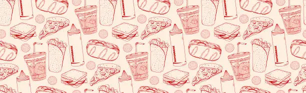 Vector illustration of Fast food seamless pattern in retro linear style. Vector doodle illustration drawn by hands in sketch style. Background for restaurant menu, cafe, advertisement.