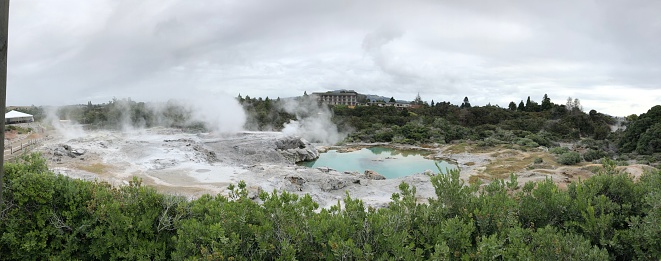 A scenic view of geysers erupting in New Zealand