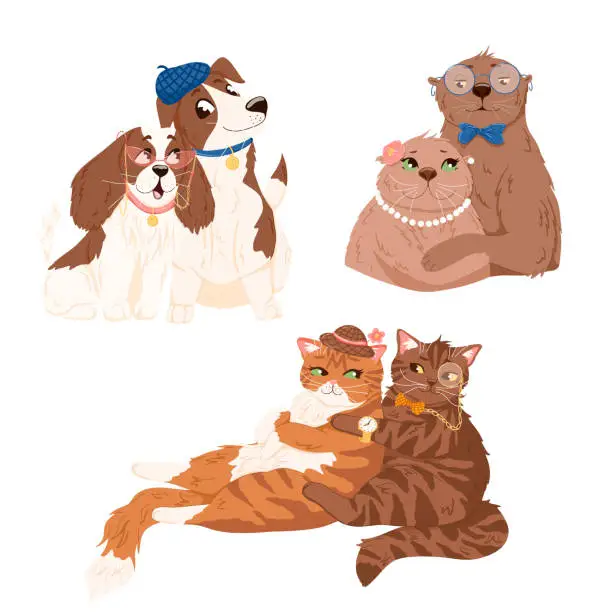 Vector illustration of Set of cute animal couples