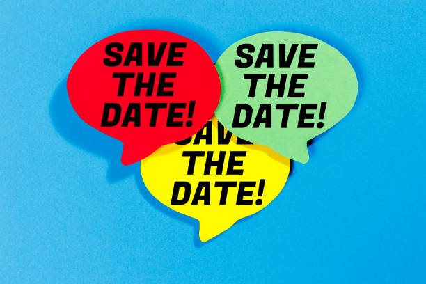 istock Save the date invitation message information in colorful speech bubbles communication business concept 2047625864