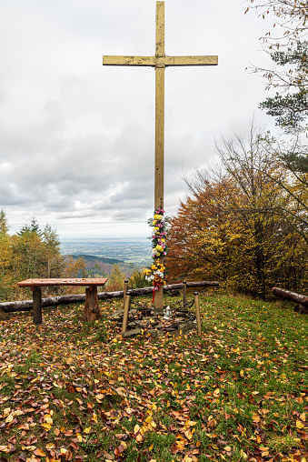 Gancarz hill summit with big cross in autumn Beskid Maly mountains in Poland