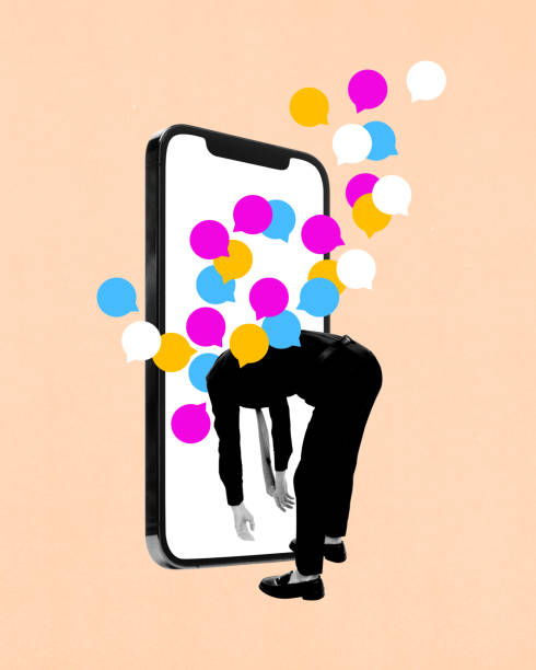 istock Male head stuck into giant mobile phone screen with many multicolored speech bubbles. Online communication. Contemporary art collage. 2047634105