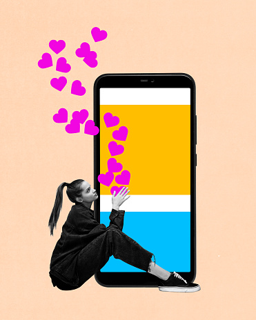 Young woman sitting near giant phone screen with many social media like. Addiction to Internet services. Contemporary art collage. Concept of social media, influence, online business, communication