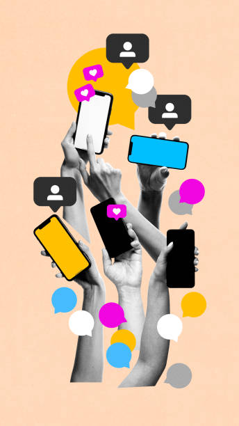 many human hands with mobile phones and social media icons, likes and followers. media addiction. contemporary art collage. - sociala-medier bildbanksfoton och bilder