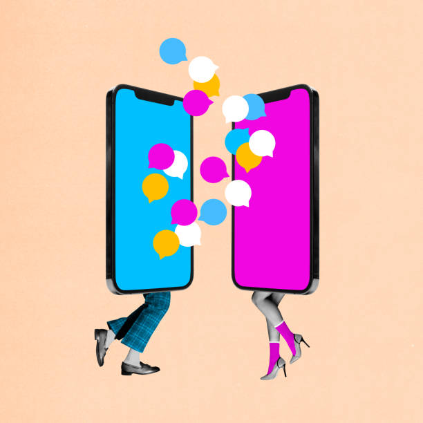 istock Mobile phone screens on male and female legs exchanging speech bubbles symbolizing online communication. Contemporary art collage. 2047634123