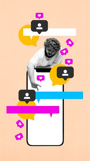 Young guy pointing in giant mobile phone screen with speech bubbles, followers and heart icons. Influencer, blogger. Contemporary art collage. Concept of social media, influence, online business