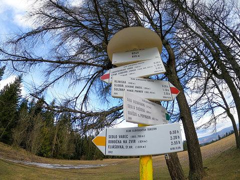 Hiking Paths Signpost, at Osly Mountain in spring. Leluchowskie Mountains, Slovakia.